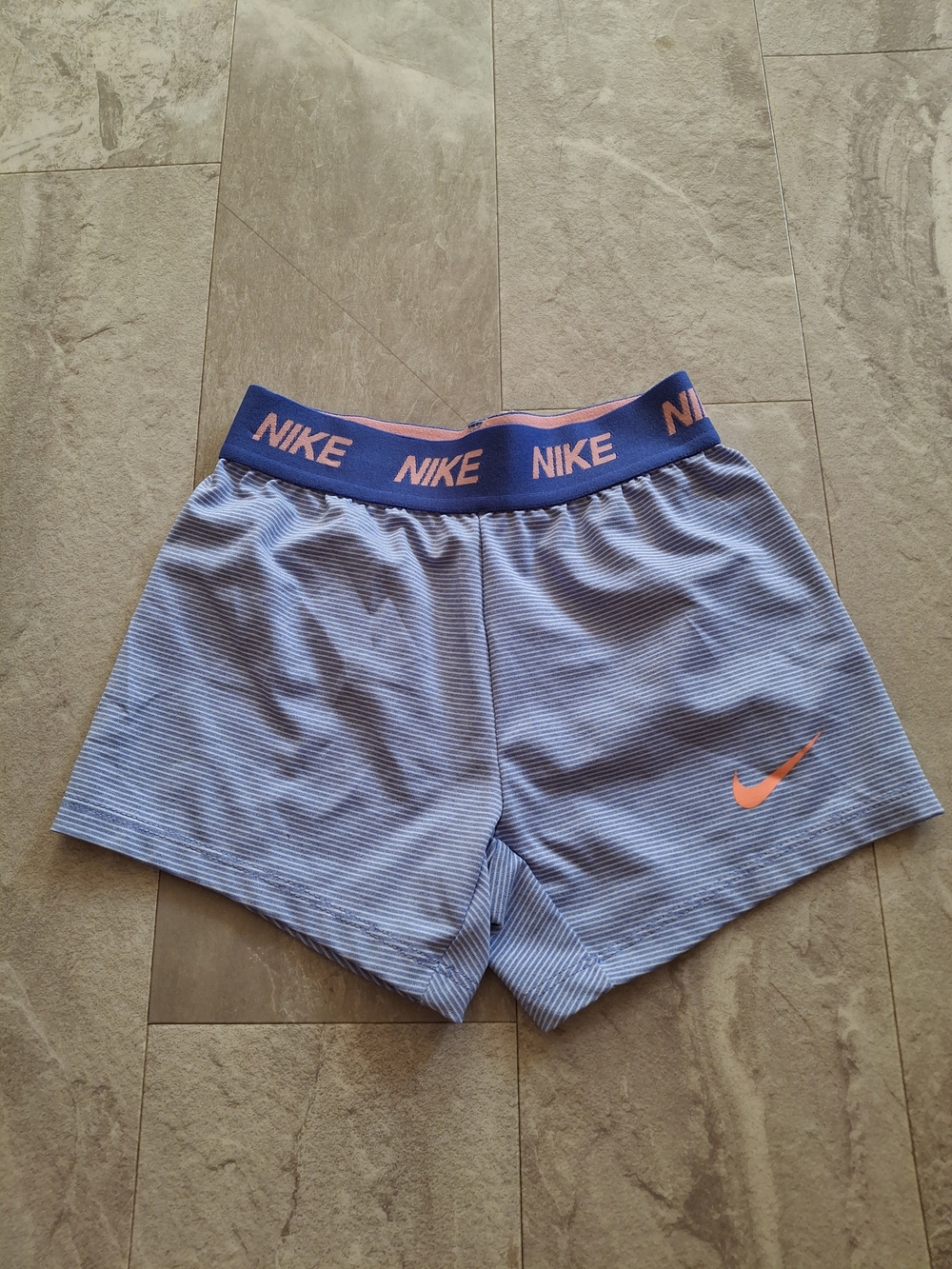Nike Light Blue Striped Athletic Shorts with Pink Accents